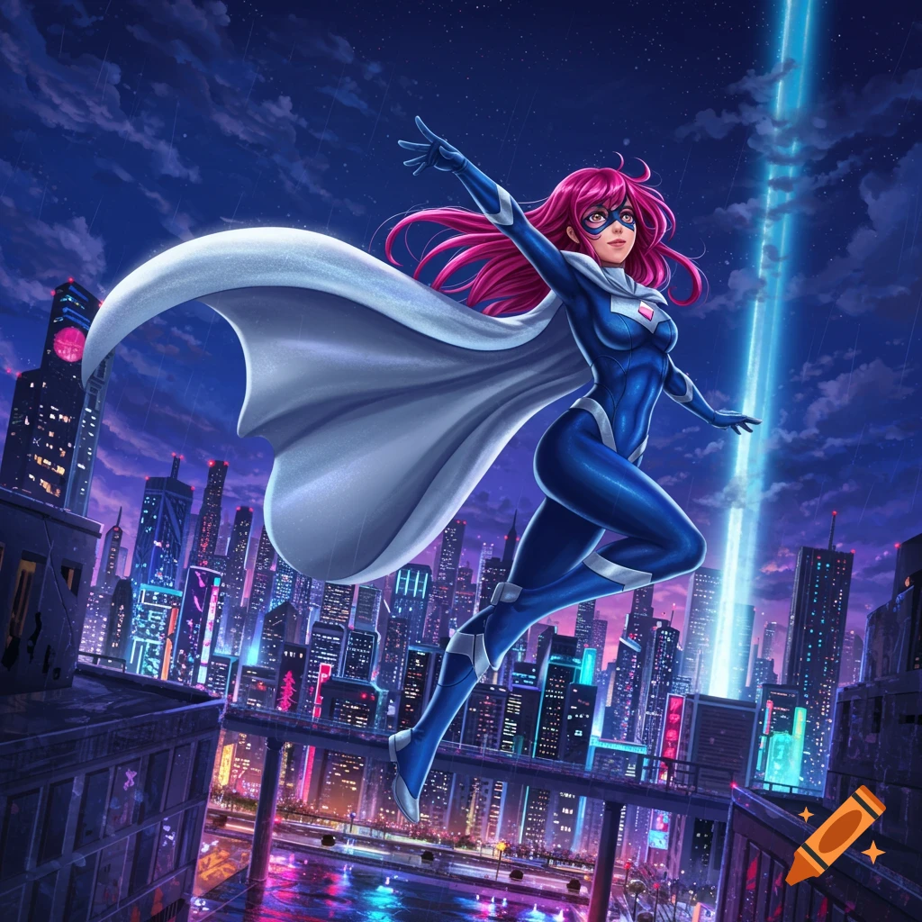 Anime superheroine with pink hair and blue suit flies over a futuristic city at night with a bright light beam.