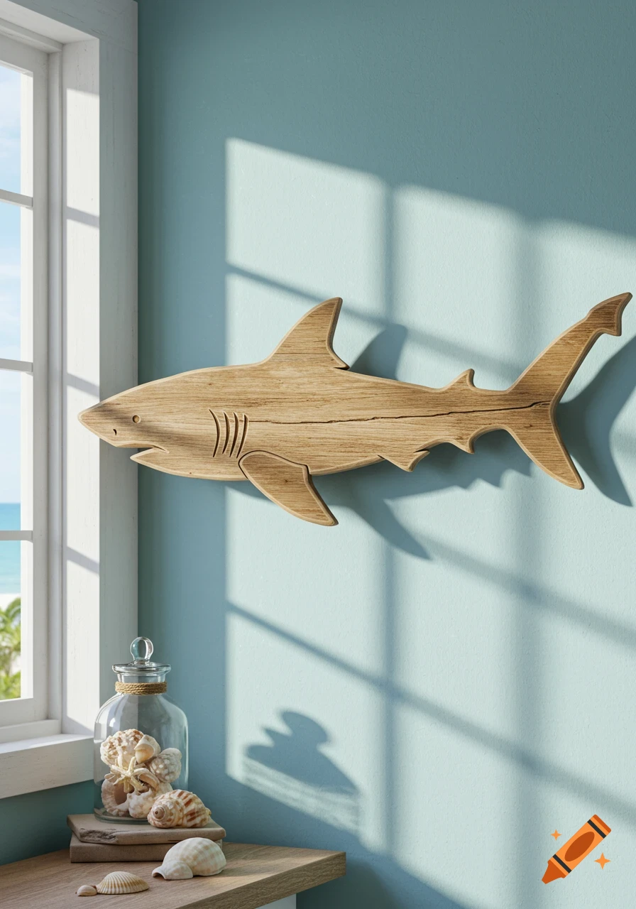 A wooden shark wall decoration hangs on a light blue wall, with a jar of seashells on a shelf next to a window overlooking a sunny beach.