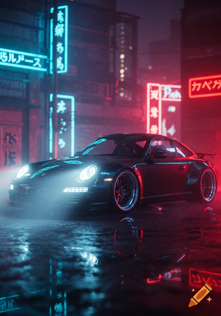 A black Porsche sports car with headlights on, parked on a wet street at night, surrounded by glowing neon signs in a cyberpunk city.