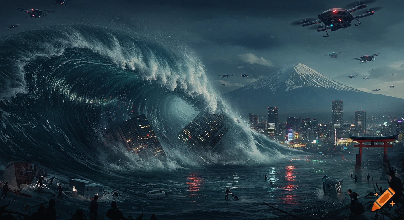 A colossal tsunami wave engulfs a futuristic cityscape with skyscrapers and drones, as Mount Fuji looms in the background.
