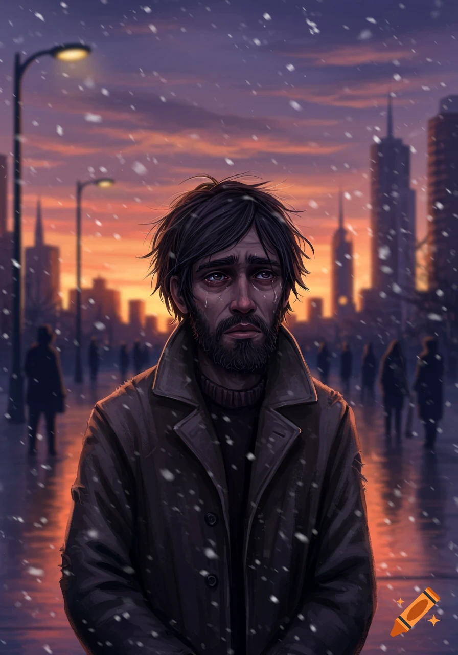 A sad, bearded man in a brown coat cries on a snowy city street at dusk, with buildings and streetlights behind him. Digital painting.
