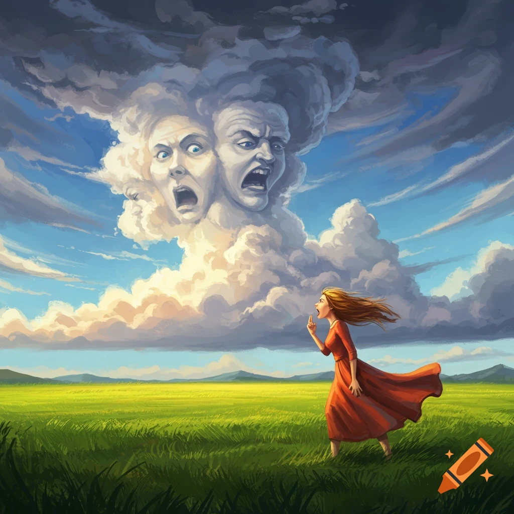An illustration of a woman in a red dress yelling at a dramatic cloud formation with angry faces in a green field.