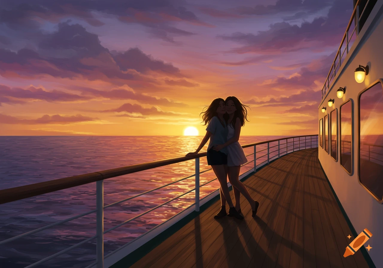 Digital illustration of two women embracing on a ship deck at sunset over the ocean.