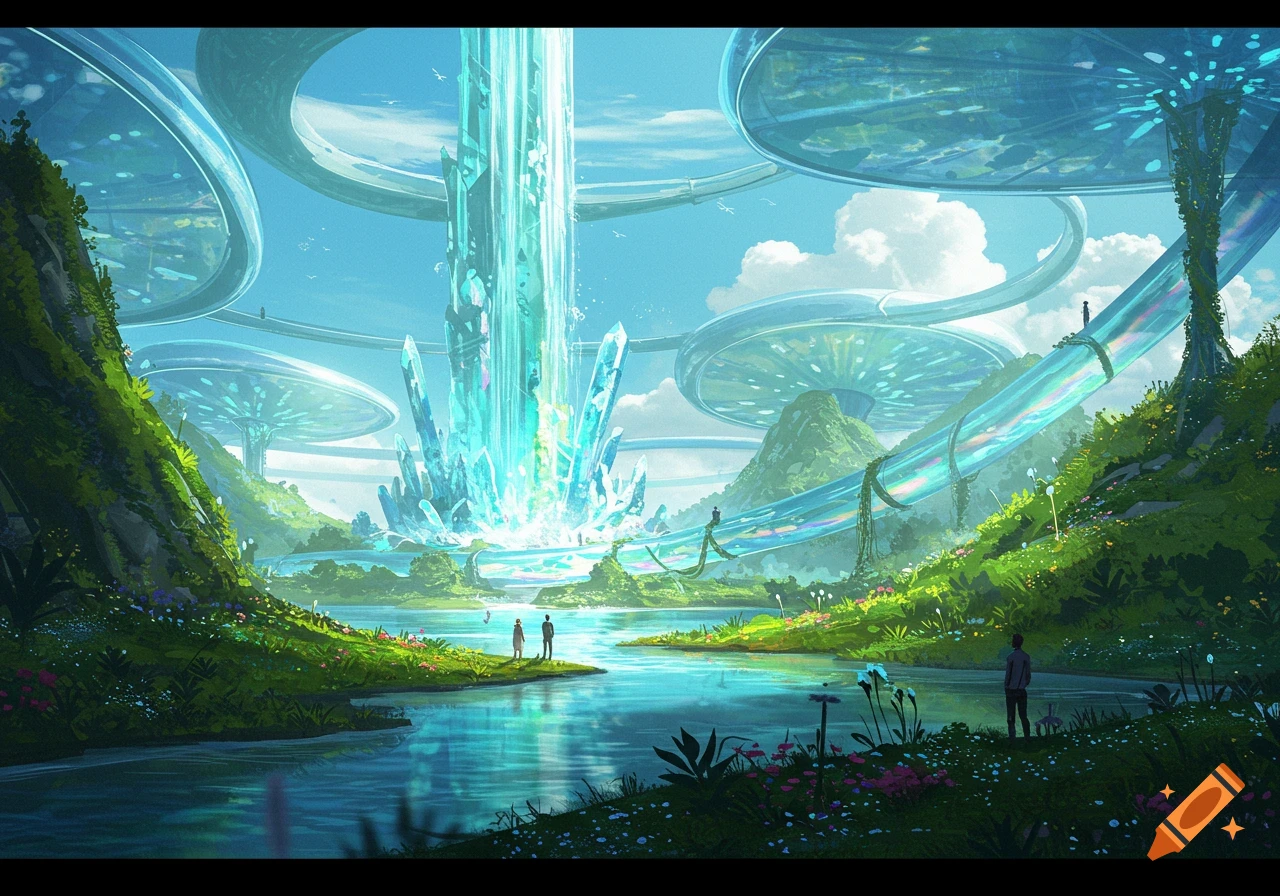 A vibrant, futuristic landscape with a river flowing through lush green hills, large glowing blue crystals, and transparent circular structures in the sky. Small figures stand by the water.