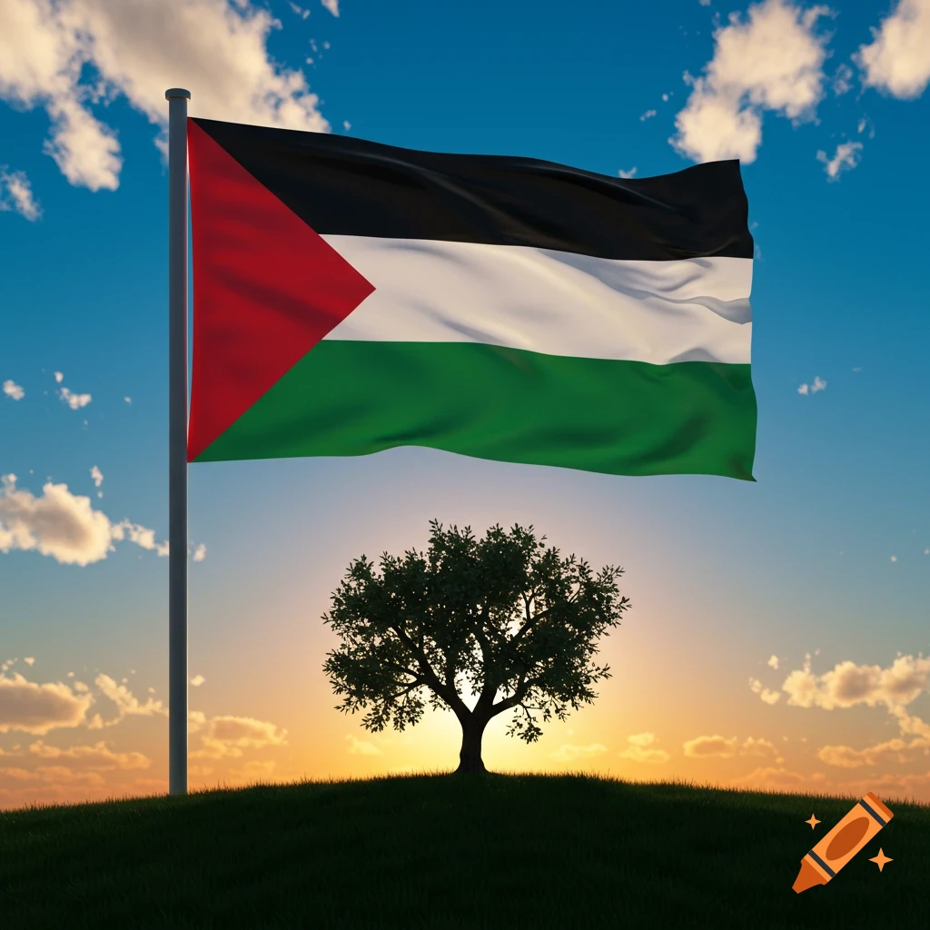 Palestine flag waves on a pole on a grassy hill with a silhouetted tree against a vibrant sunset sky.
