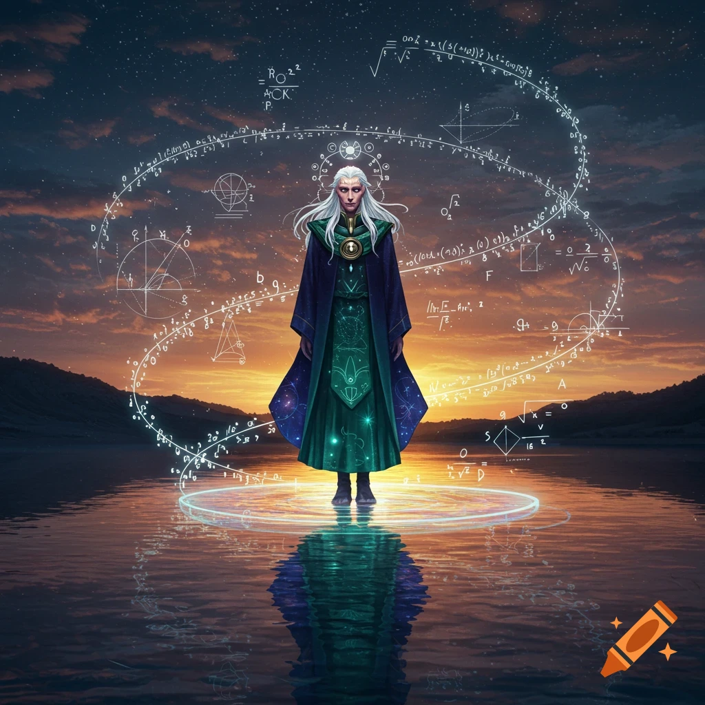 A white-haired sorcerer in a green and blue robe stands on water, surrounded by glowing mathematical formulas, at sunset.