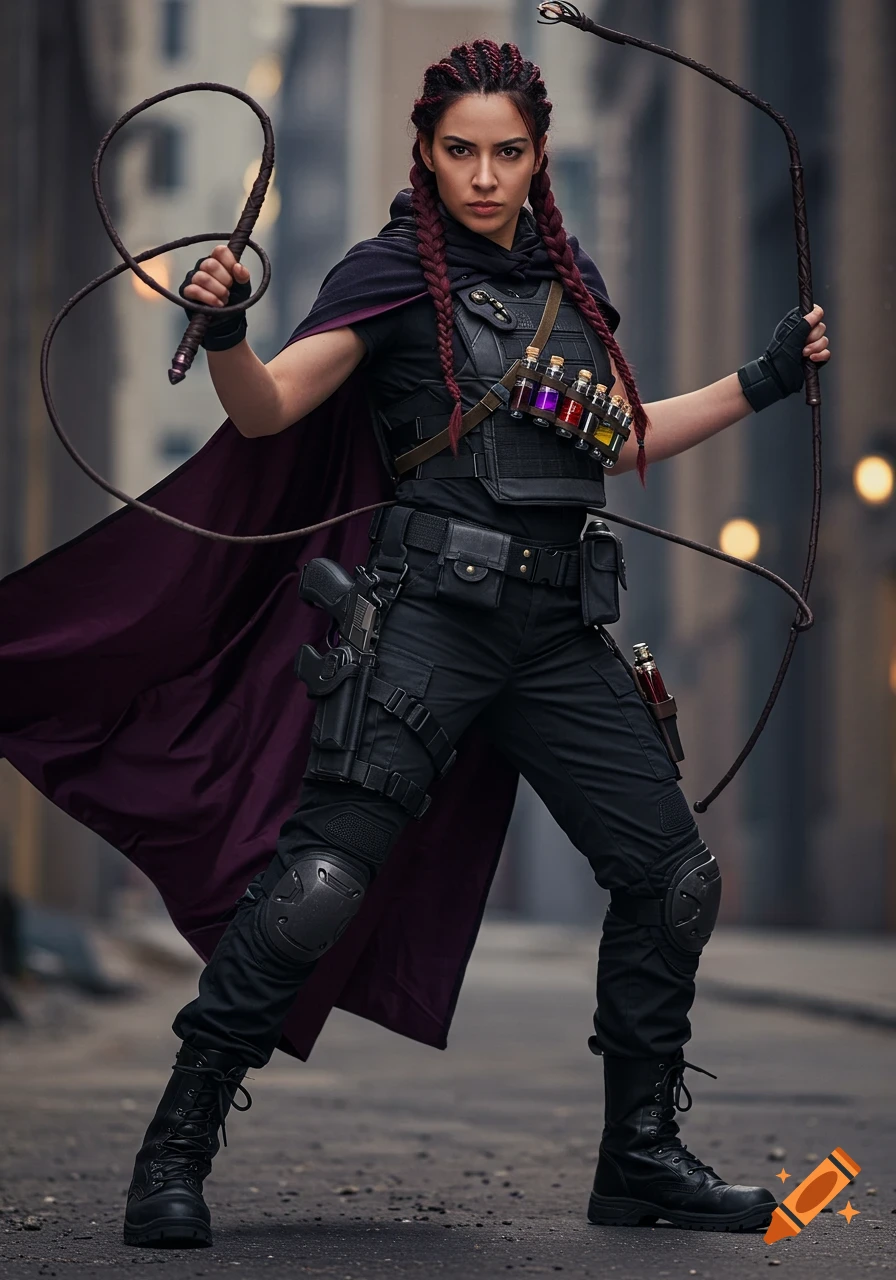 A tactical witch character with dark red braids, wearing a black outfit, body armor, and a purple cape, holding a whip and pistol, in an action pose.