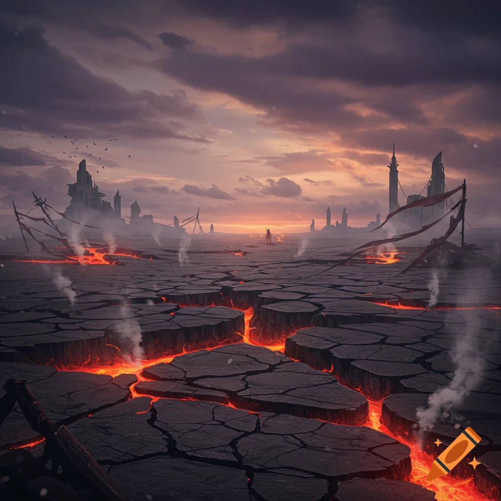 A desolate, cracked landscape with glowing lava fissures, distant ruins under a dramatic, stormy sky, and a lone figure walking.
