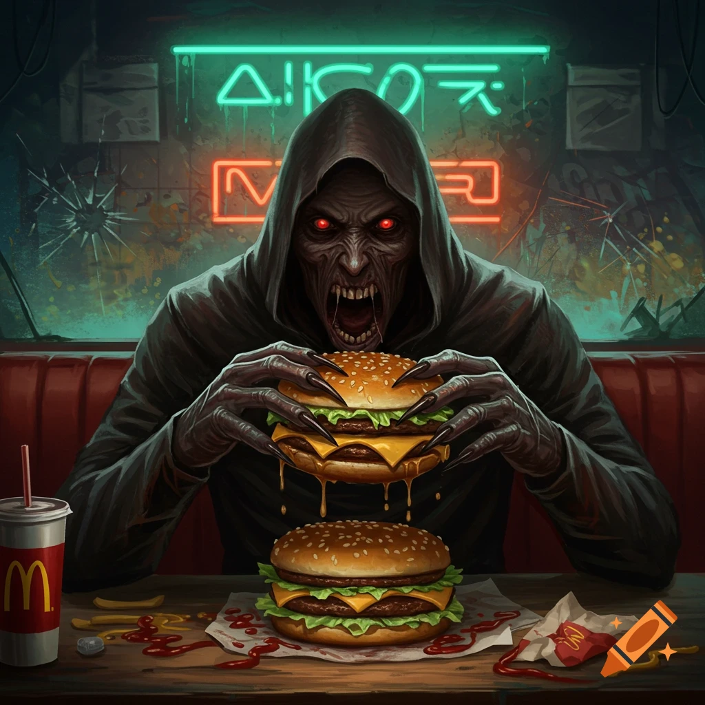 A monstrous, hooded figure with glowing red eyes and sharp claws devours a double cheeseburger in a dark, grimy diner with neon signs.