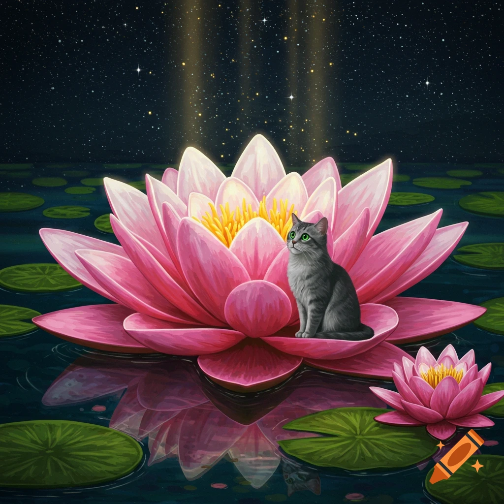 A gray cat sits on a large pink water lily in a pond under a starry night sky with golden light.