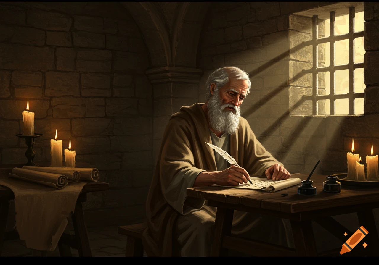 An old, bearded man in a brown robe sits at a wooden table in a dimly lit stone cell, writing on a scroll with a quill by candlelight and light from a barred window.