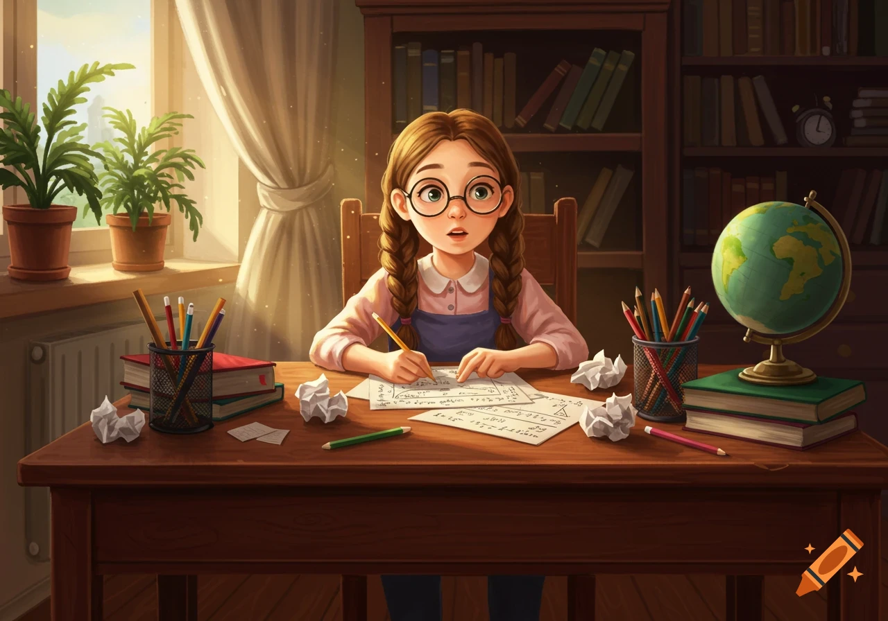 A cute cartoon girl with pigtails and glasses studies at a wooden desk filled with papers, pencils, and crumpled paper, with a globe and bookshelf in the background.