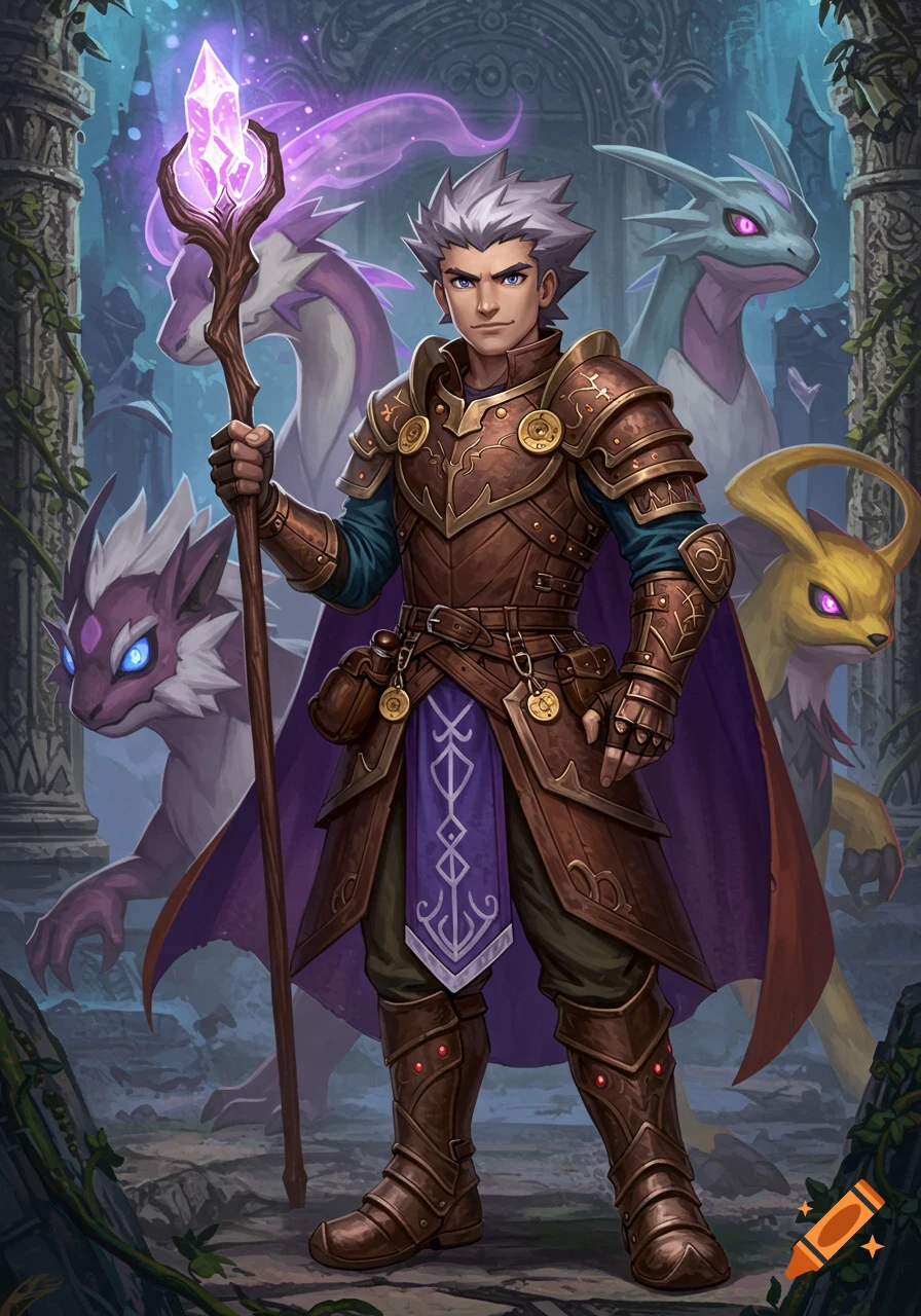 A fantasy illustration of a male beast trainer in brown armor, holding a glowing staff, surrounded by three mythical creatures in ancient ruins.