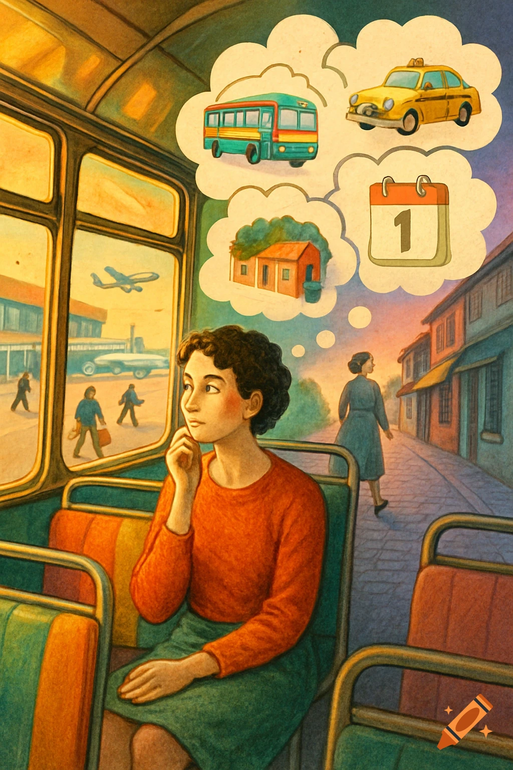 A woman on a bus looks out at an airport, dreaming of a bus, a taxi, a house, and a calendar with '1'.