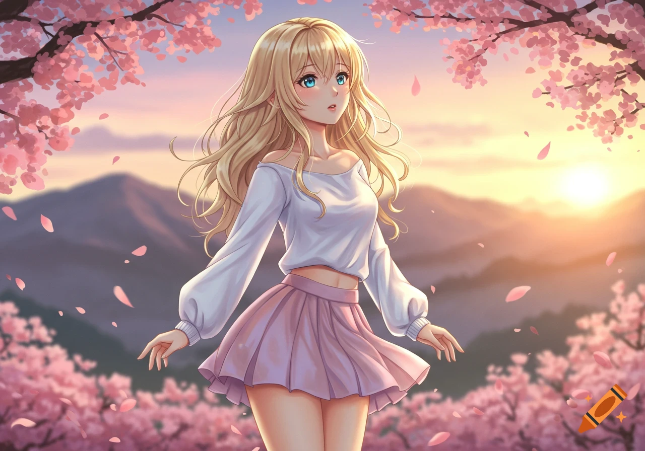 Blond anime girl with blue eyes standing among pink cherry blossoms at sunset, with mountains in the background.