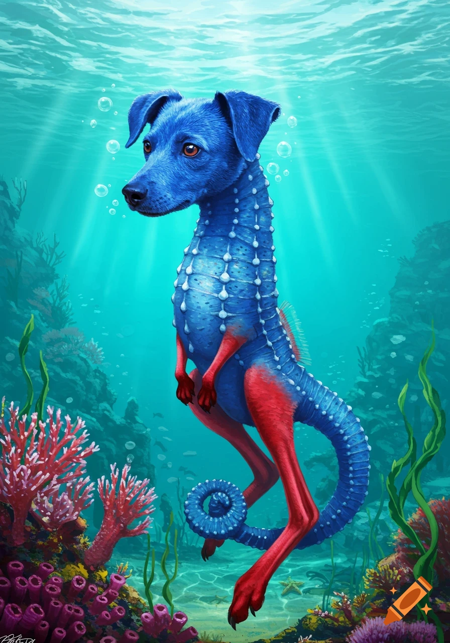 A blue dog-headed seahorse creature with red kangaroo legs swims among colorful coral in a vibrant underwater scene, digital art.