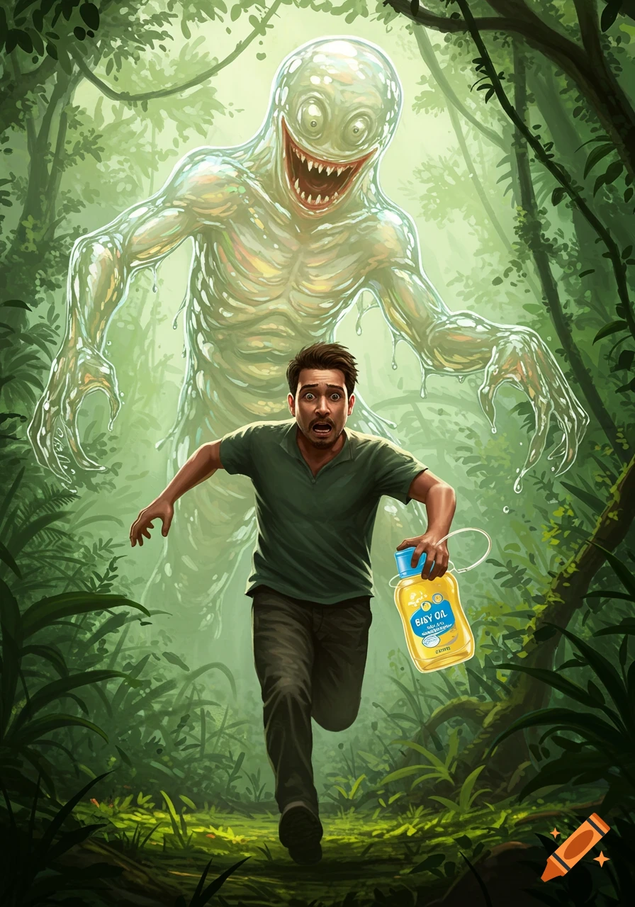 A man runs in a jungle, holding baby oil, pursued by a translucent monster, in an illustrative style.