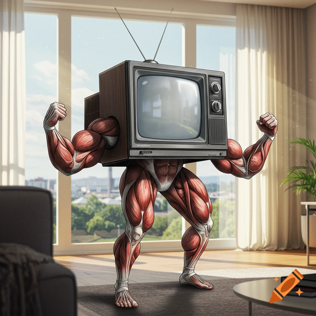 A muscular human body, depicted anatomically with exposed muscles, stands flexing with an old retro television set for a head, indoors by a large window.