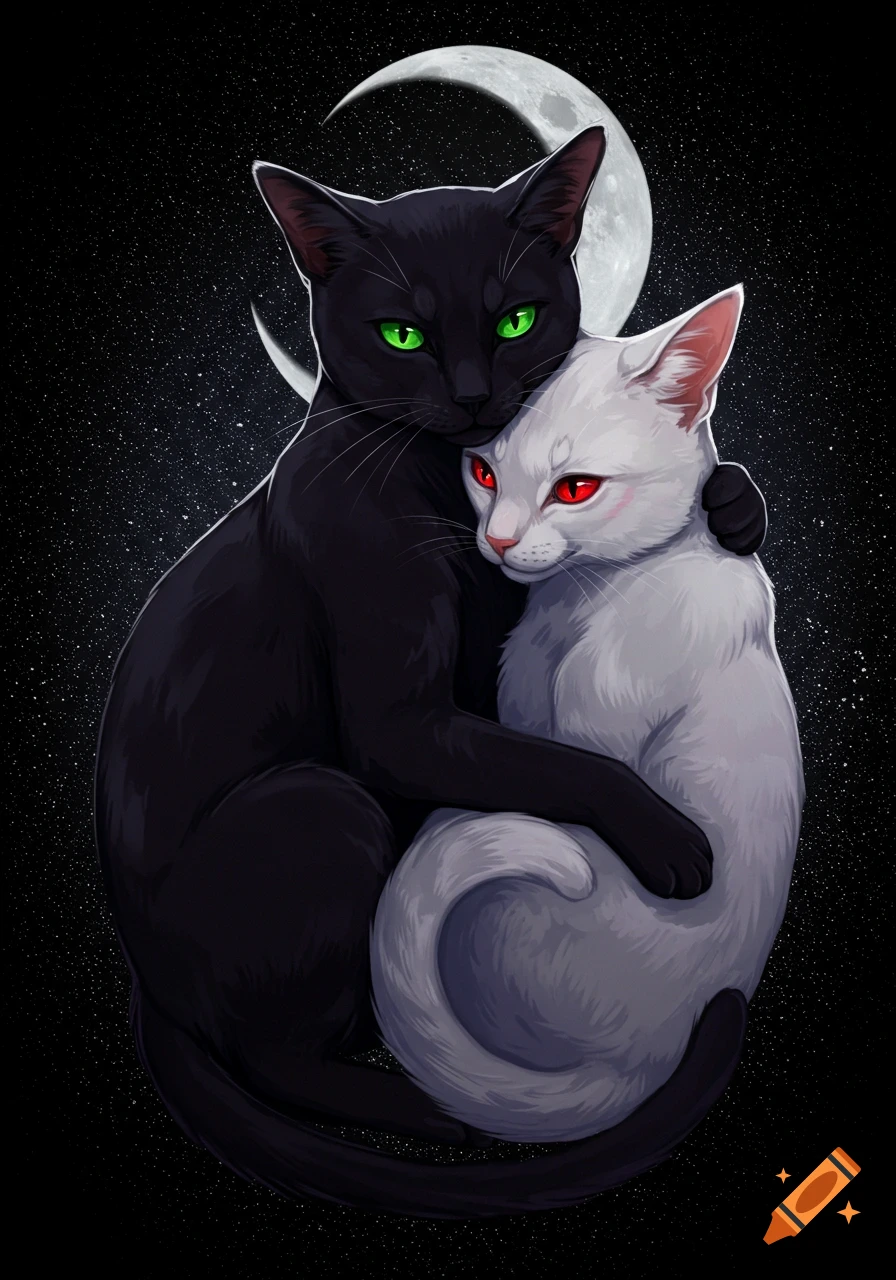 Illustration of a black cat with green eyes hugging a white cat with red eyes, under a crescent moon in a starry night sky.