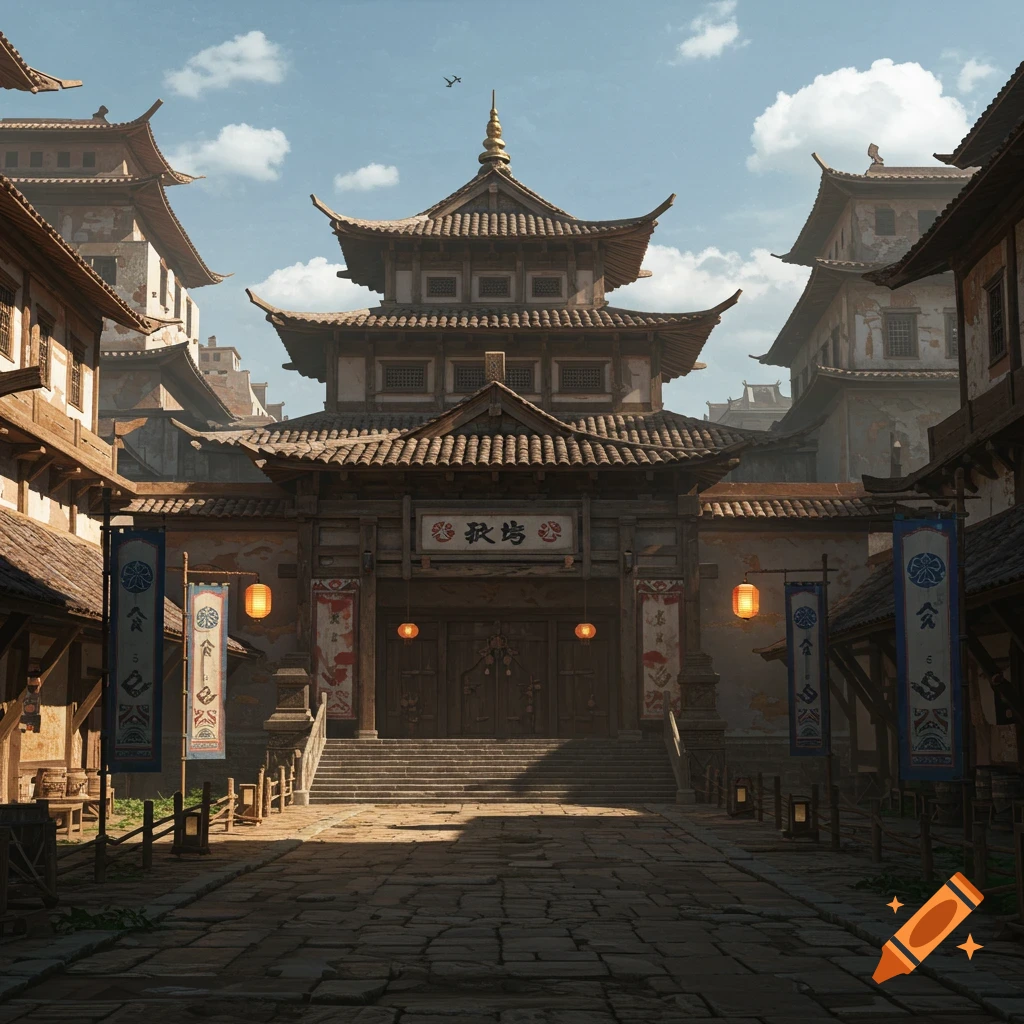 A grand, pristine Japanese-Mongolian inspired building with ornate roofs, clean wood, and stone, featuring colorful banners and glowing lanterns, contrasting with weathered buildings under a bright sky.