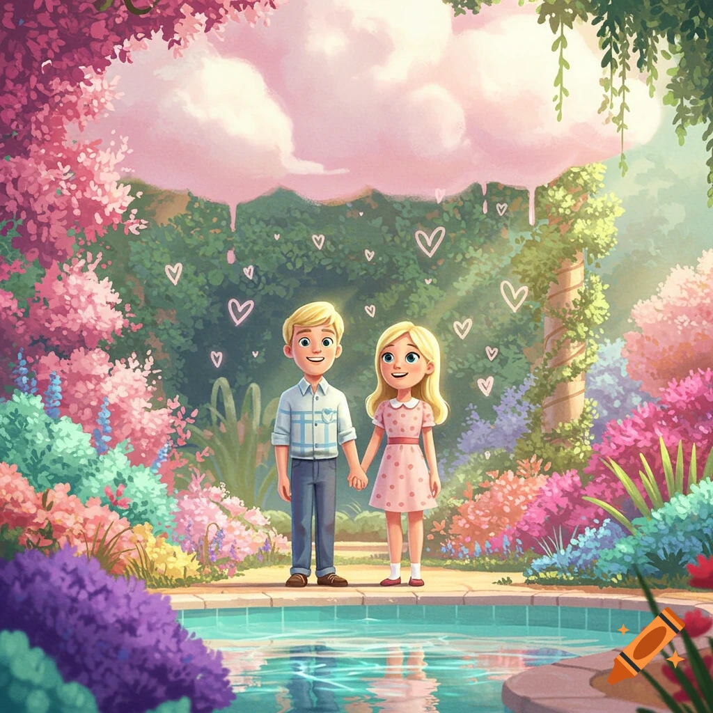 A cute blonde couple holding hands, standing by a pool in a magical, pastel Pixar-style garden with floating hearts.