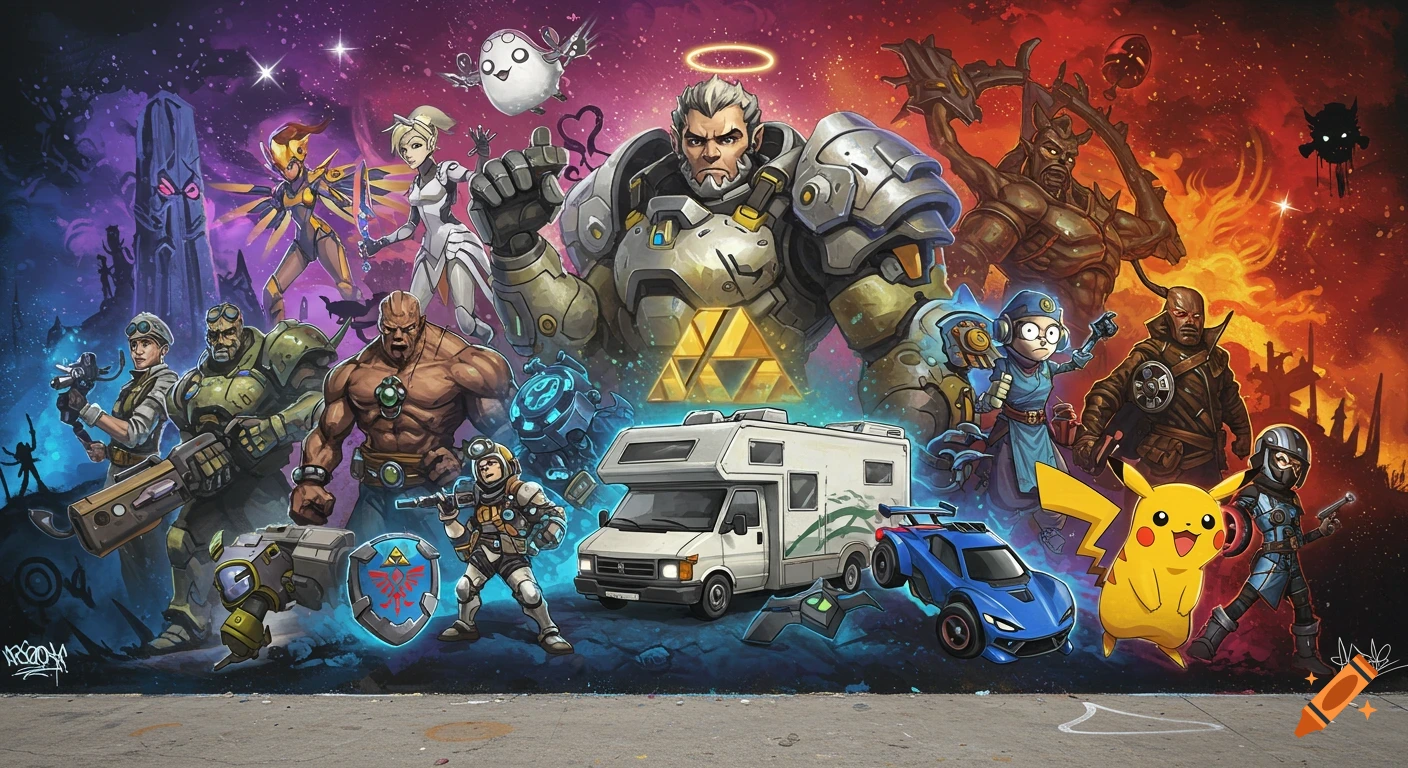 Vibrant graffiti mural depicting a crowded scene of diverse video game and pop culture characters like Reinhardt, Pikachu, and Rick Sanchez.