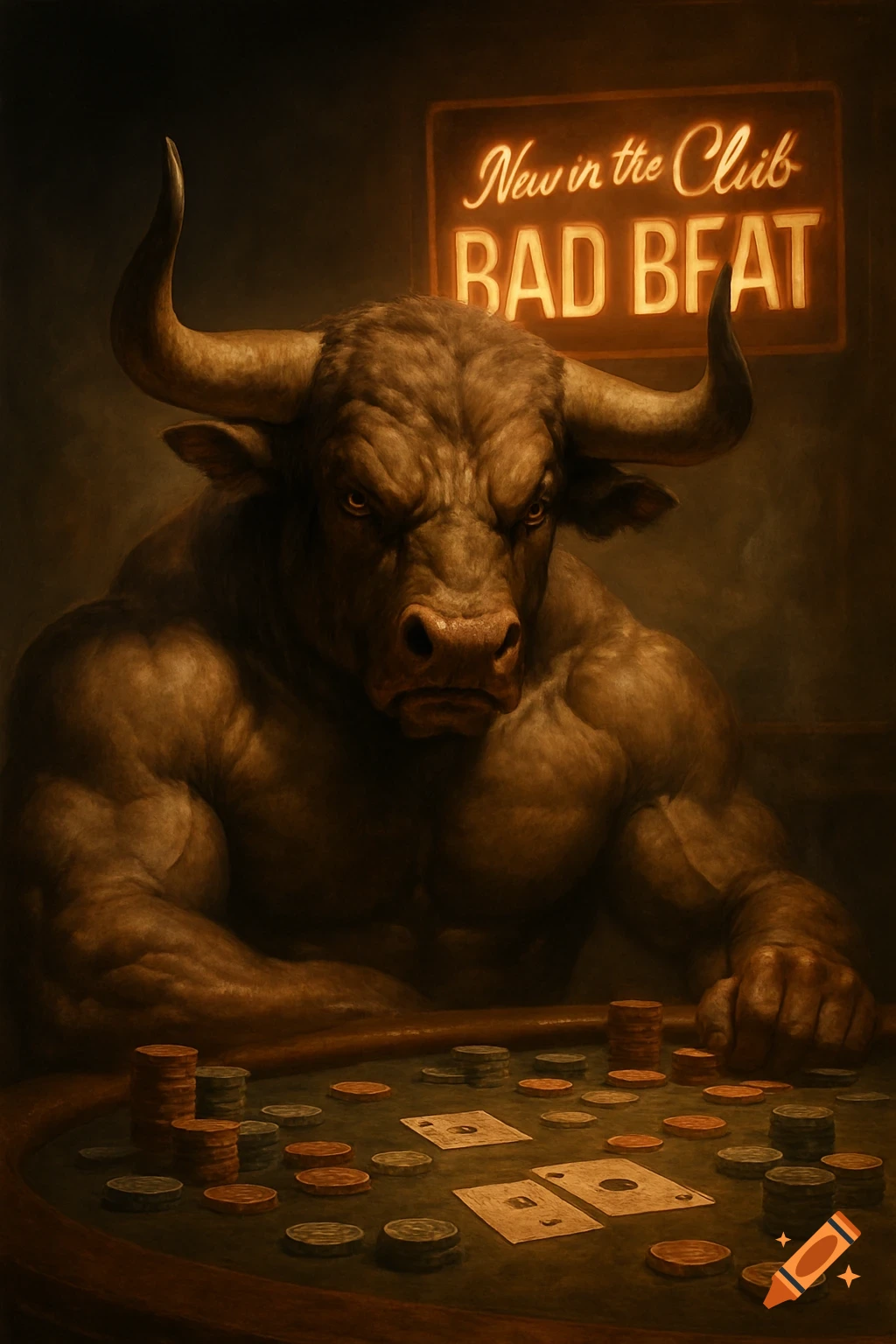 A muscular, angry bull-like creature sits at a poker table with chips and cards under a neon sign that reads 'New in the Club Bad BBEAT'.