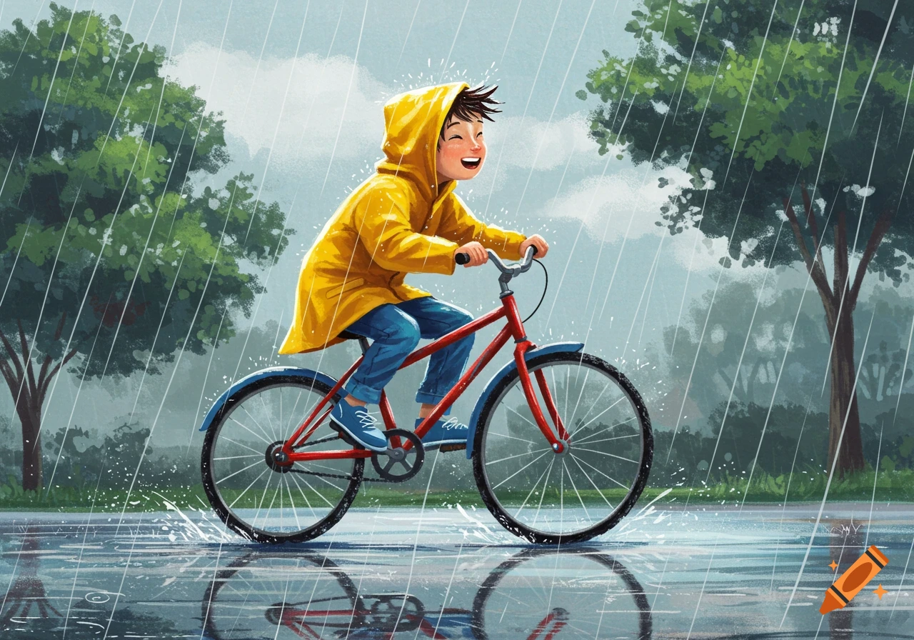 A happy child in a yellow raincoat rides a red bicycle through puddles on a rainy day, splashing water.
