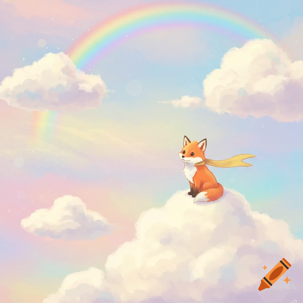 A cute cartoon fox with a yellow scarf sits on a cloud under a pastel sky with a rainbow, in a whimsical illustration.