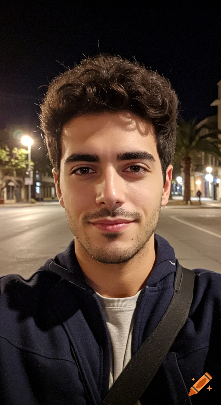 Close-up selfie of a young man with dark, wavy hair and light stubble, standing on a street lit by streetlights at night.