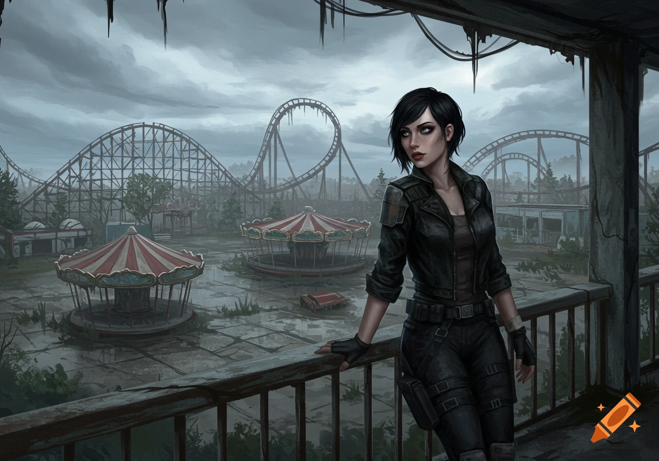 A woman with short black hair and blue eyes, in a black raider outfit, stands on a balcony overlooking a ruined amusement park under a cloudy sky.