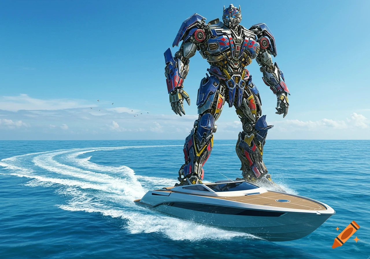 Photorealistic image of Optimus Prime standing on a white speedboat, speeding across a blue ocean with a clear sky.