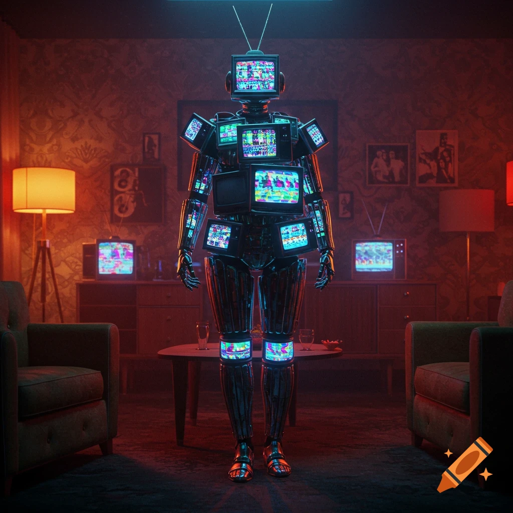 A robot made of static-filled televisions stands in a dimly lit, retro-styled living room.