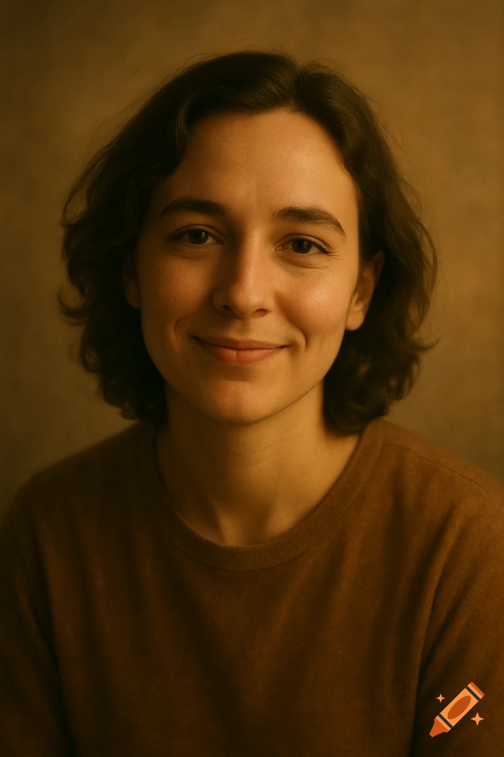A photorealistic portrait of a young woman with short dark hair, smiling gently while looking at the camera. She wears a brown sweater against a warm-toned background.