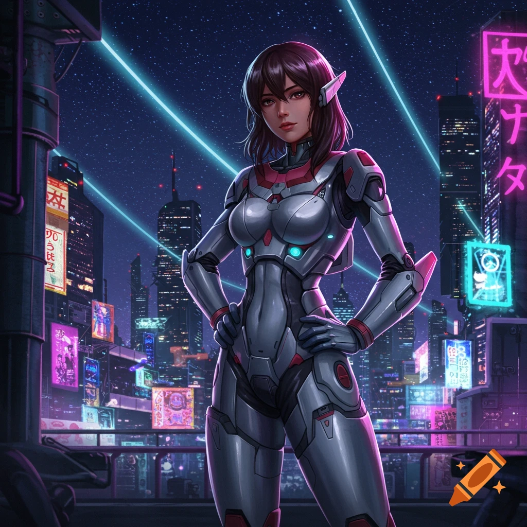 Brunette woman in a silver and red sci-fi suit stands in a neon-lit cyberpunk city at night, digital art style.
