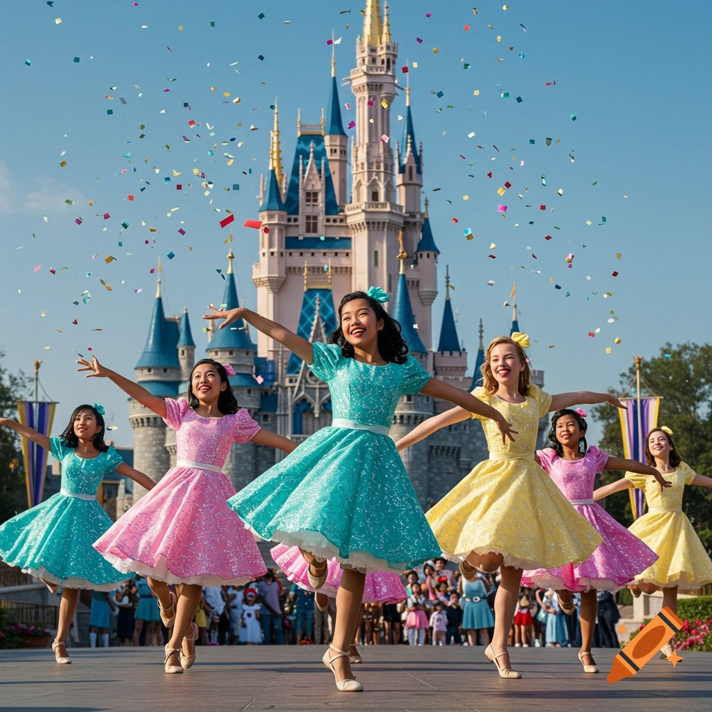 Young girls in colorful dresses dancing with confetti in front of a grand castle at a theme park.