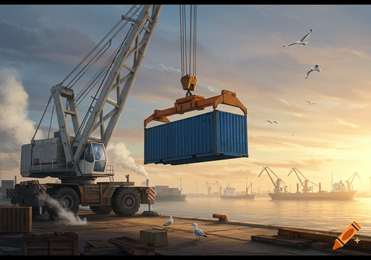 A mobile crane lifts a blue cargo container at a busy port, with ships and other cranes in the distance under a sunset sky.