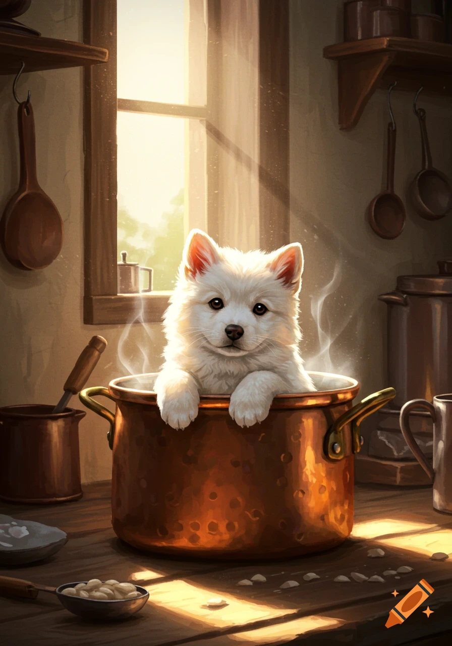 A fluffy white puppy sits in a steaming copper pot on a sunlit kitchen counter, surrounded by rustic cooking utensils, in a painterly style.