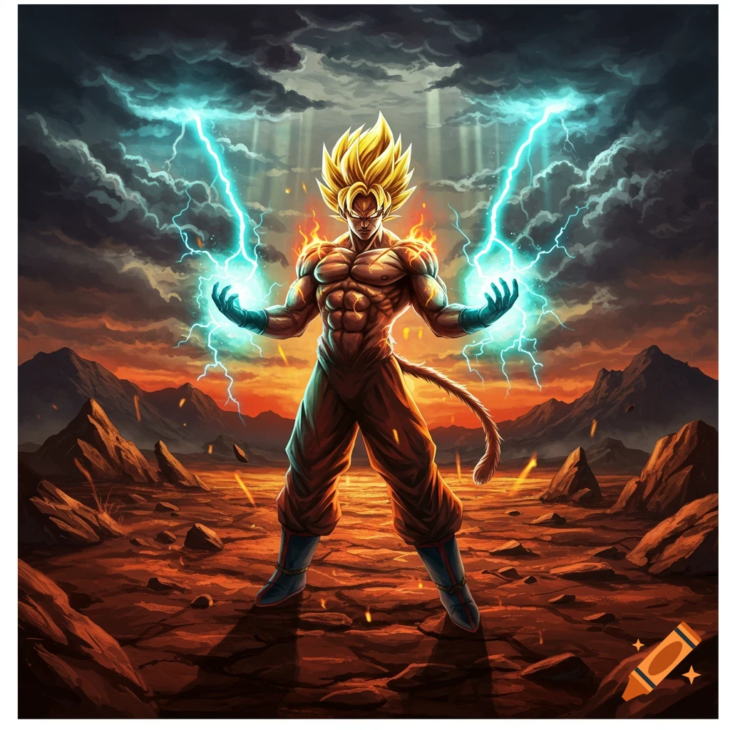 A powerful Super Saiyan character with spiky blonde hair, glowing hands, and muscular physique stands in a desolate, stormy landscape with lightning and fire.
