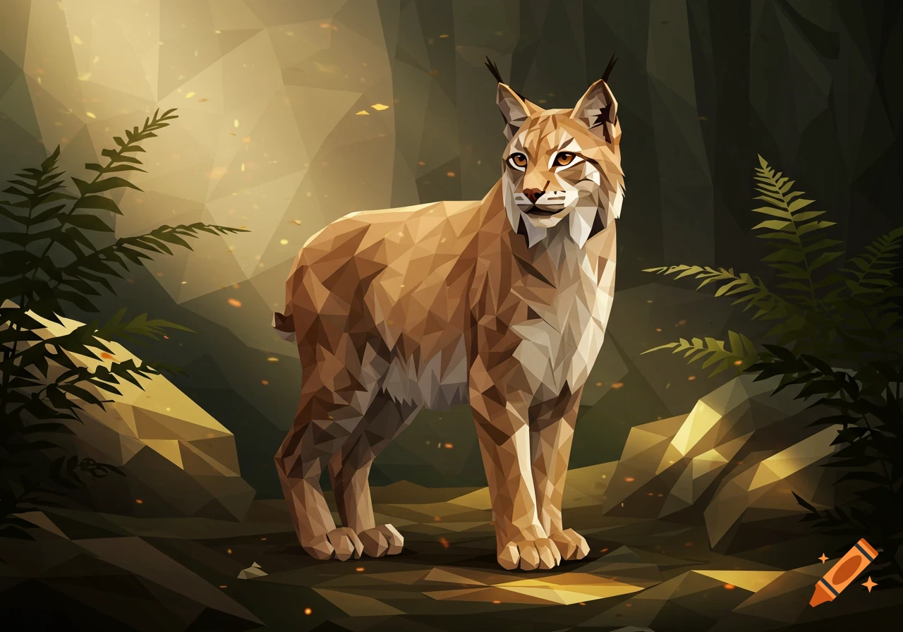A low-poly lynx with tawny fur and pointed ears stands in a stylized forest of geometric shapes and warm light.