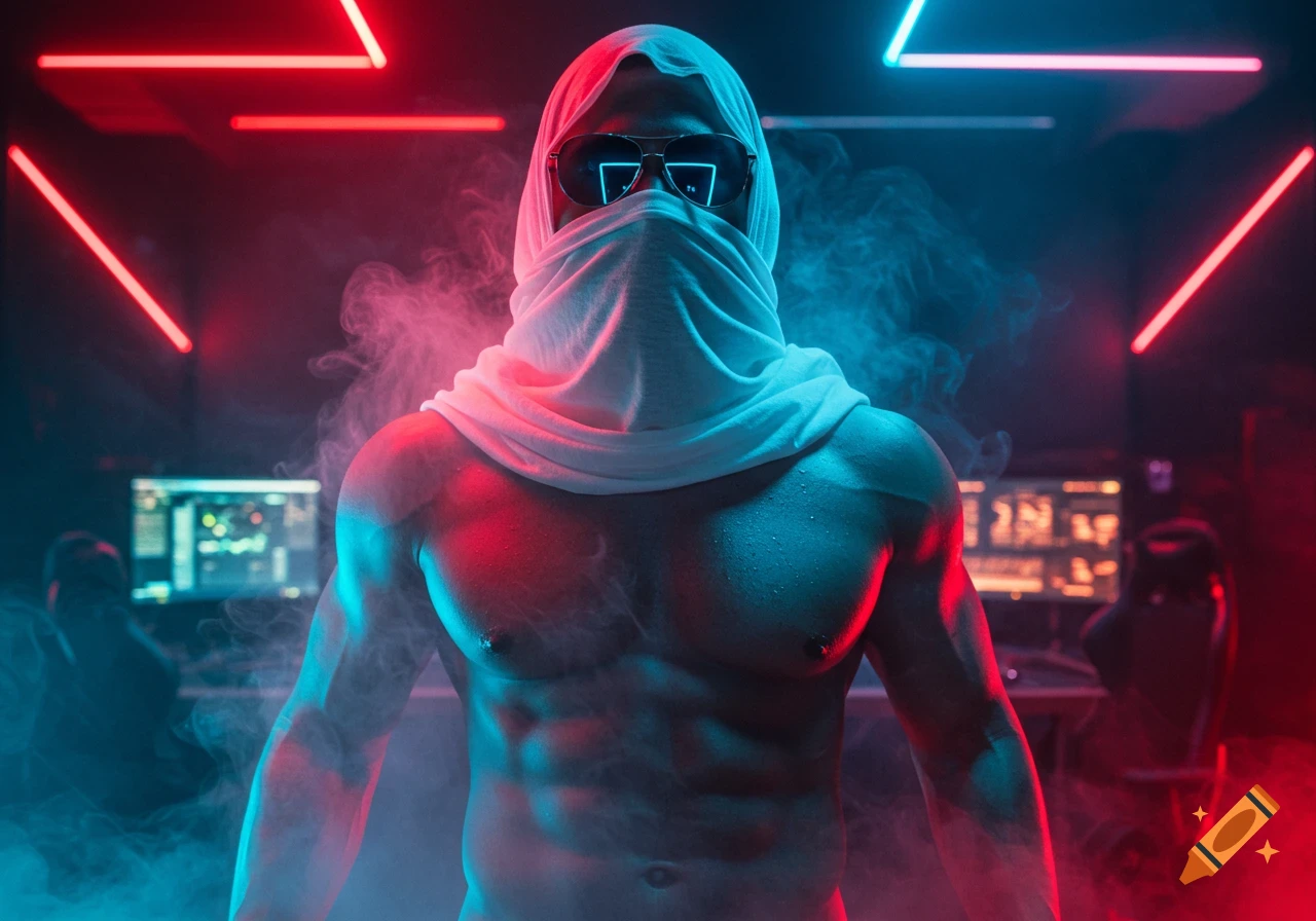 Muscular man in white head covering and blue sunglasses in a cyberpunk gaming room with red and blue neon lights and smoke.