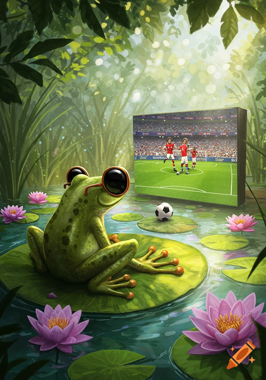A cool frog in sunglasses sits on a lily pad, watching a football match on a screen in a vibrant pond with pink water lilies.