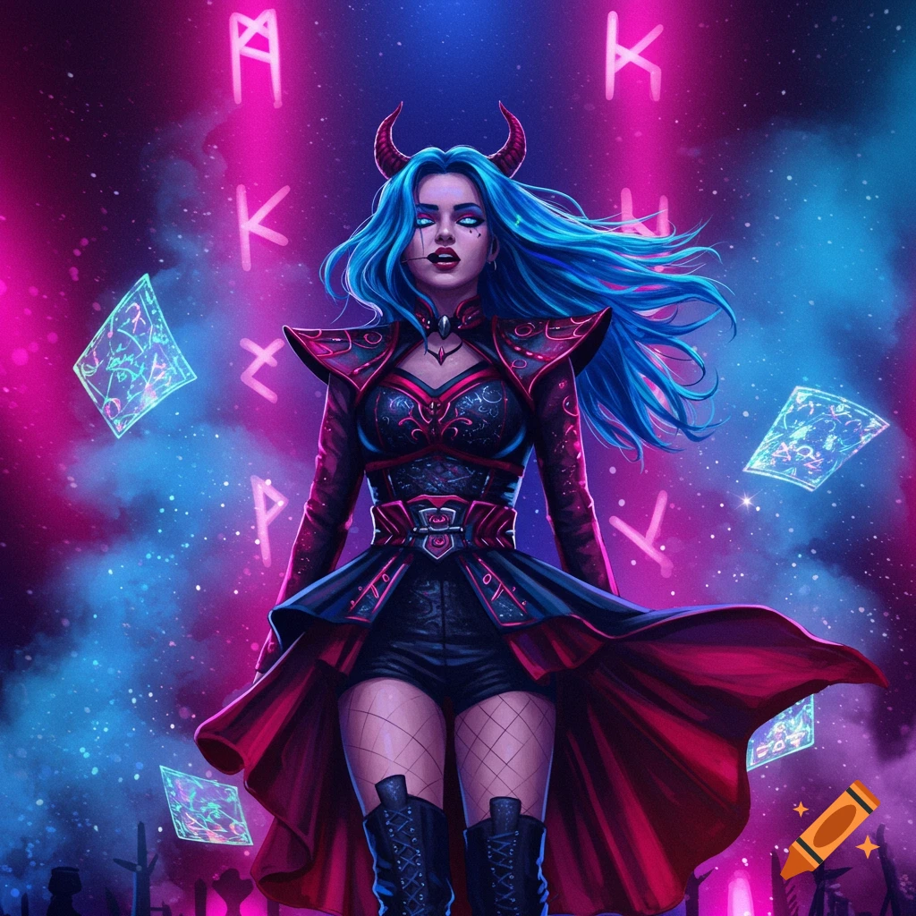 A blue-haired demon woman with horns in a red and black outfit stands against a neon pink and blue cosmic background with glowing runes and cards.