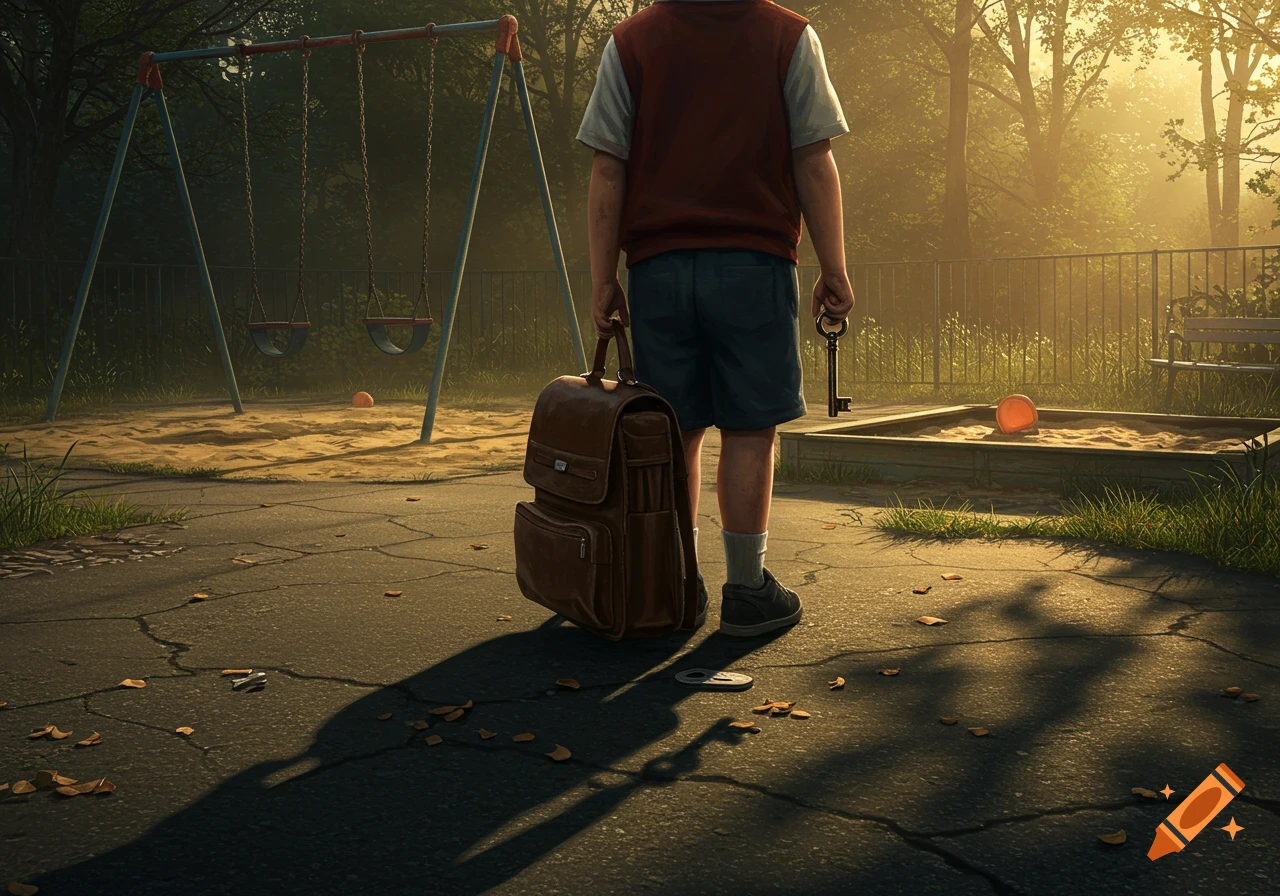 A boy with a school bag and a key stands in an abandoned playground at sunset, photorealistic style.