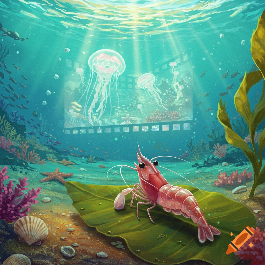 A pink shrimp on a leaf on the ocean floor watches a movie of jellyfish on a large underwater screen, light rays filter from above.