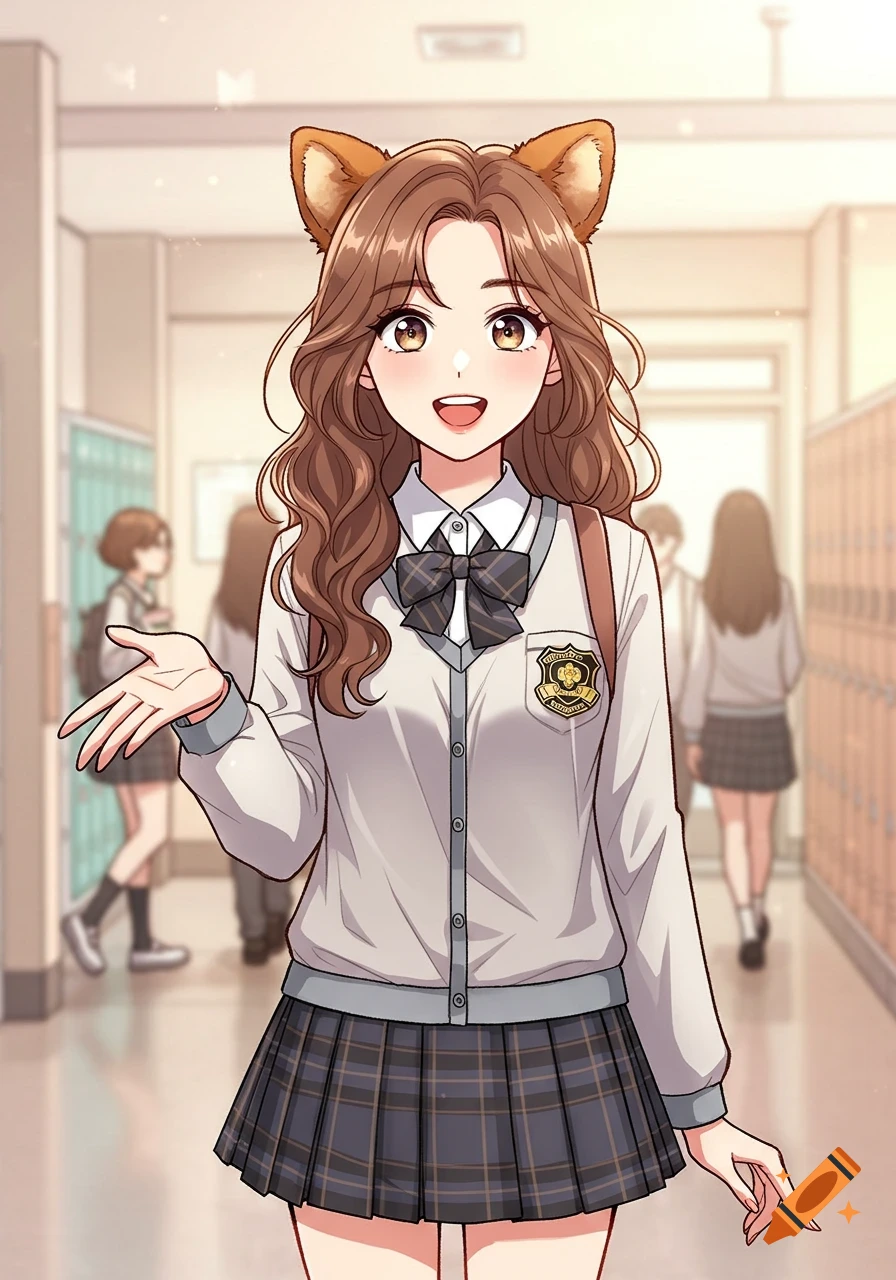 Smiling anime girl with brown wavy hair and animal ears in a school uniform, standing in a brightly lit hallway.