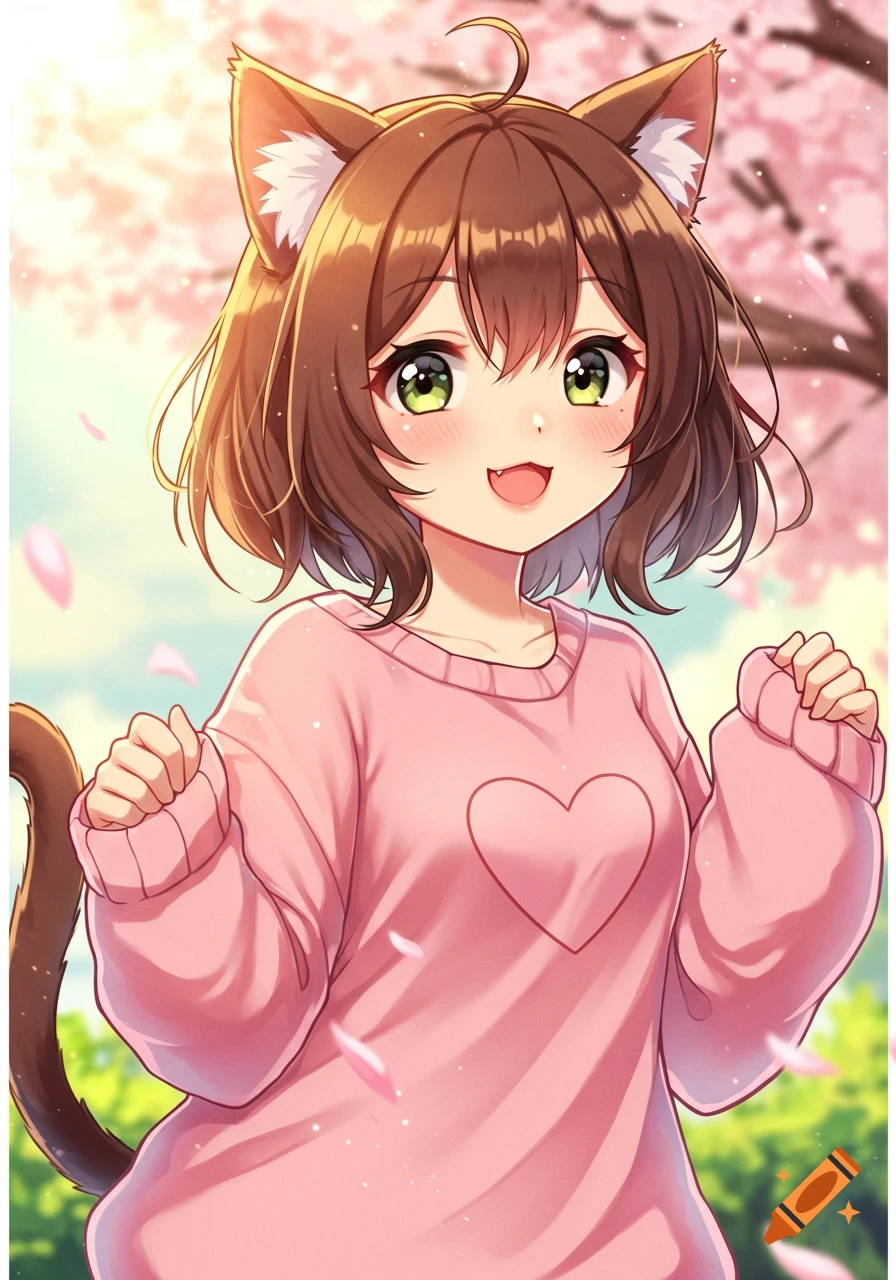 Anime girl with brown hair, cat ears, and a tail in a pink heart sweater, smiling among cherry blossoms.
