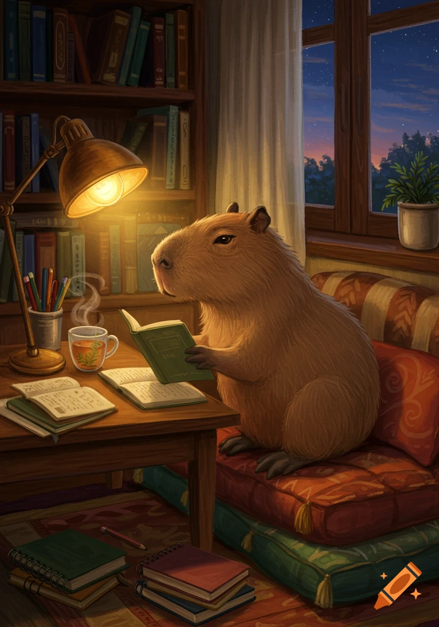 A capybara sits on cushions at a wooden desk under a lamp, reading a book with a steaming cup of tea nearby, in a cozy room with a bookshelf and a window looking out at a starry night.
