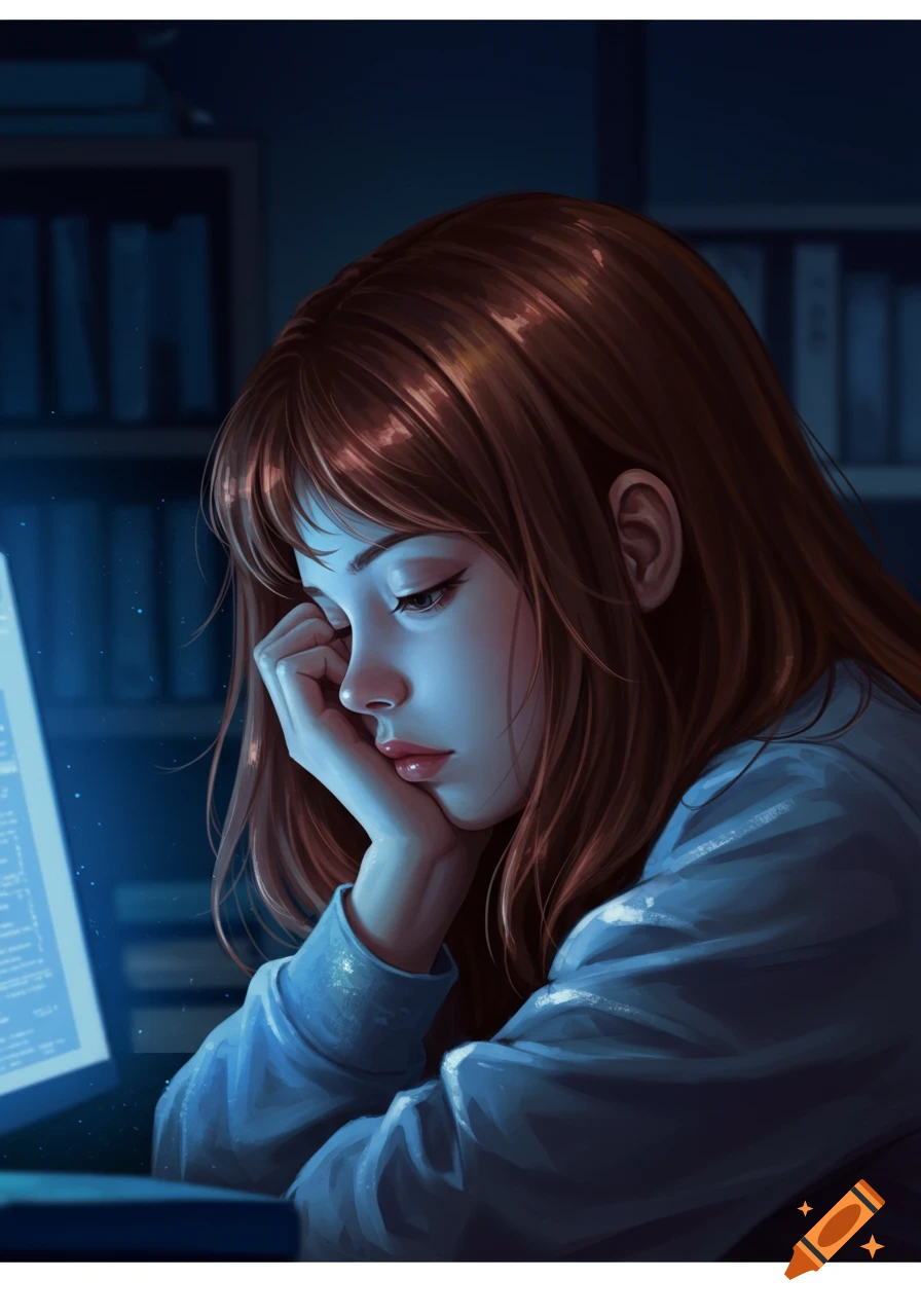 Tired girl with brown hair in a blue hoodie, illuminated by a computer screen, in a dark room. Digital art style.