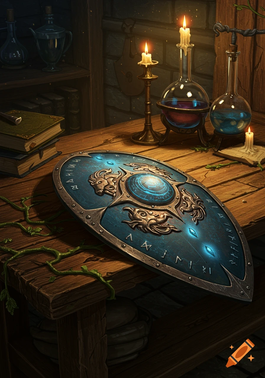 A detailed fantasy shield with glowing blue symbols lies on a wooden table next to lit candles, potions, and old books.